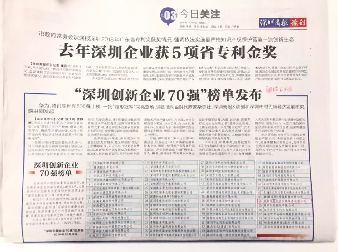 朗华入榜“深圳立异企业70强” - 朗华要闻 - 深圳市朗华供应链效劳有限公司